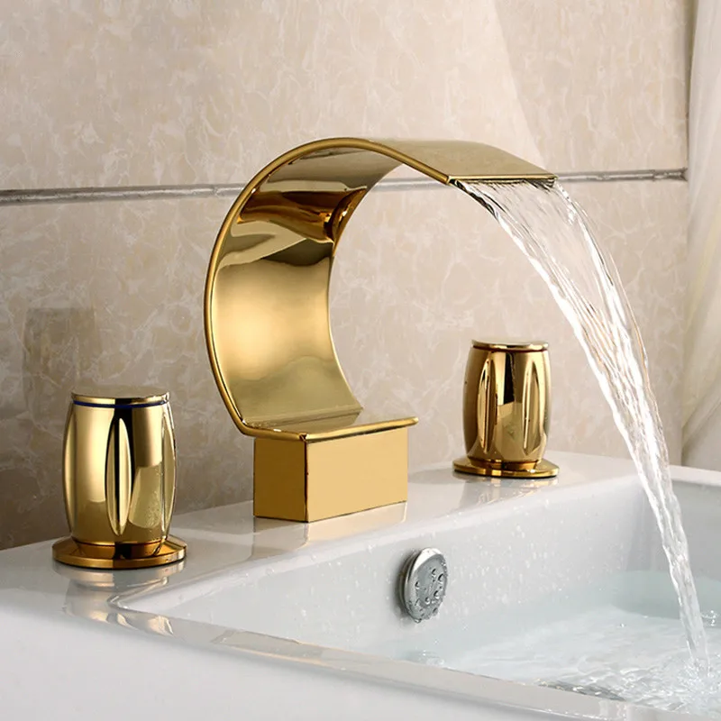 Grifo de lavabo de tres orificios de latón dorado, grifería dividida de doble manija para baño, grifo europeo