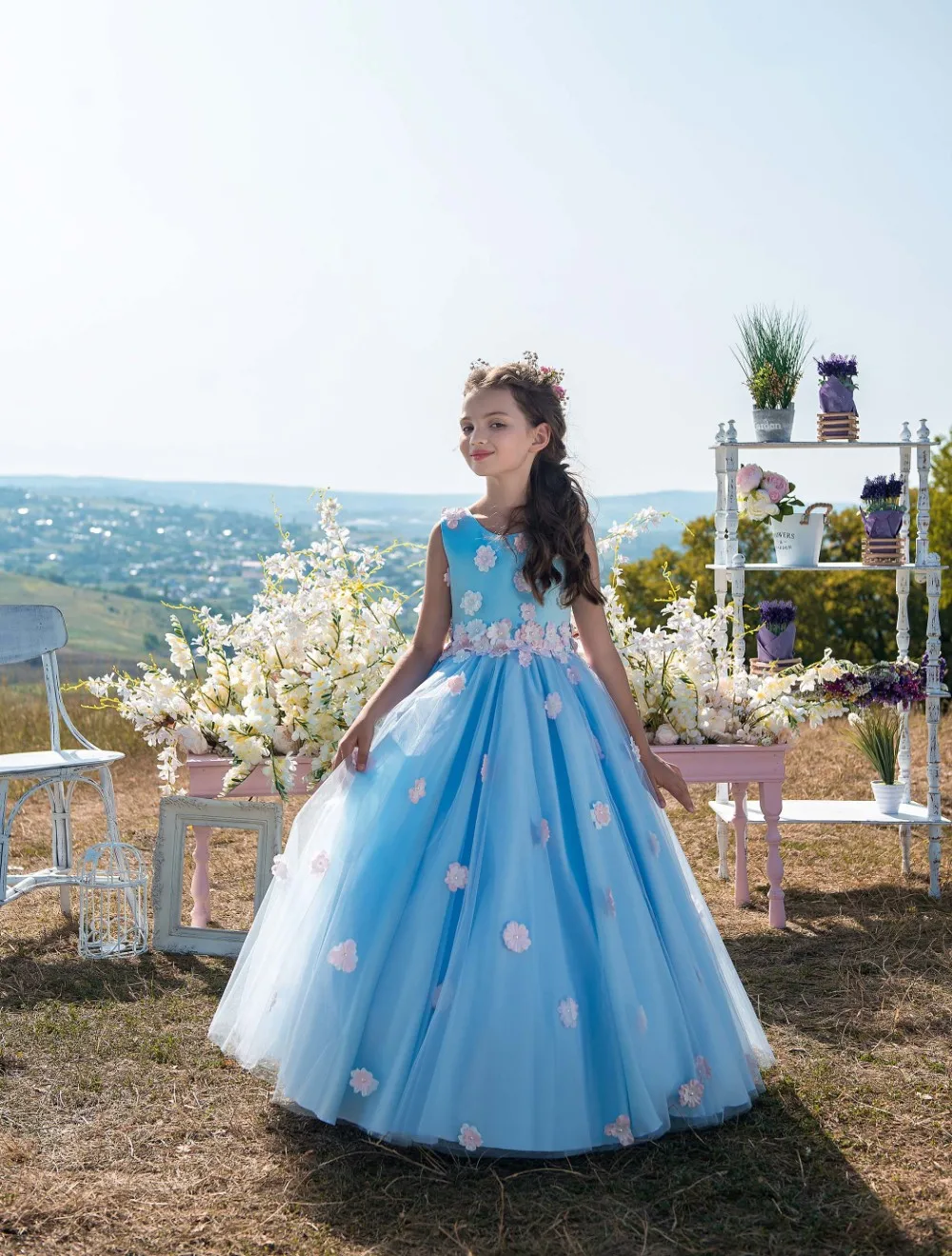 

New Blue Flower Girl Dresses First Communion Gowns For Girls Ball Gown Pageant Gowns Party Dress Vestido De Daminha