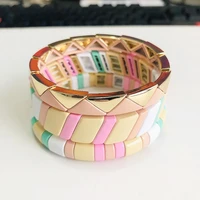2022 popular spring fashion pink rainbow bracelet for women enamel tile alloy beaded bracelets stackable elasticity bangles