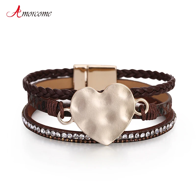 

Amorcome Multilayer PU Leather Wrap Bracelets Magnetic Buckle Gold plated Metal Heart Clasp Jewelry Bohemian Snake Skin Bracelet