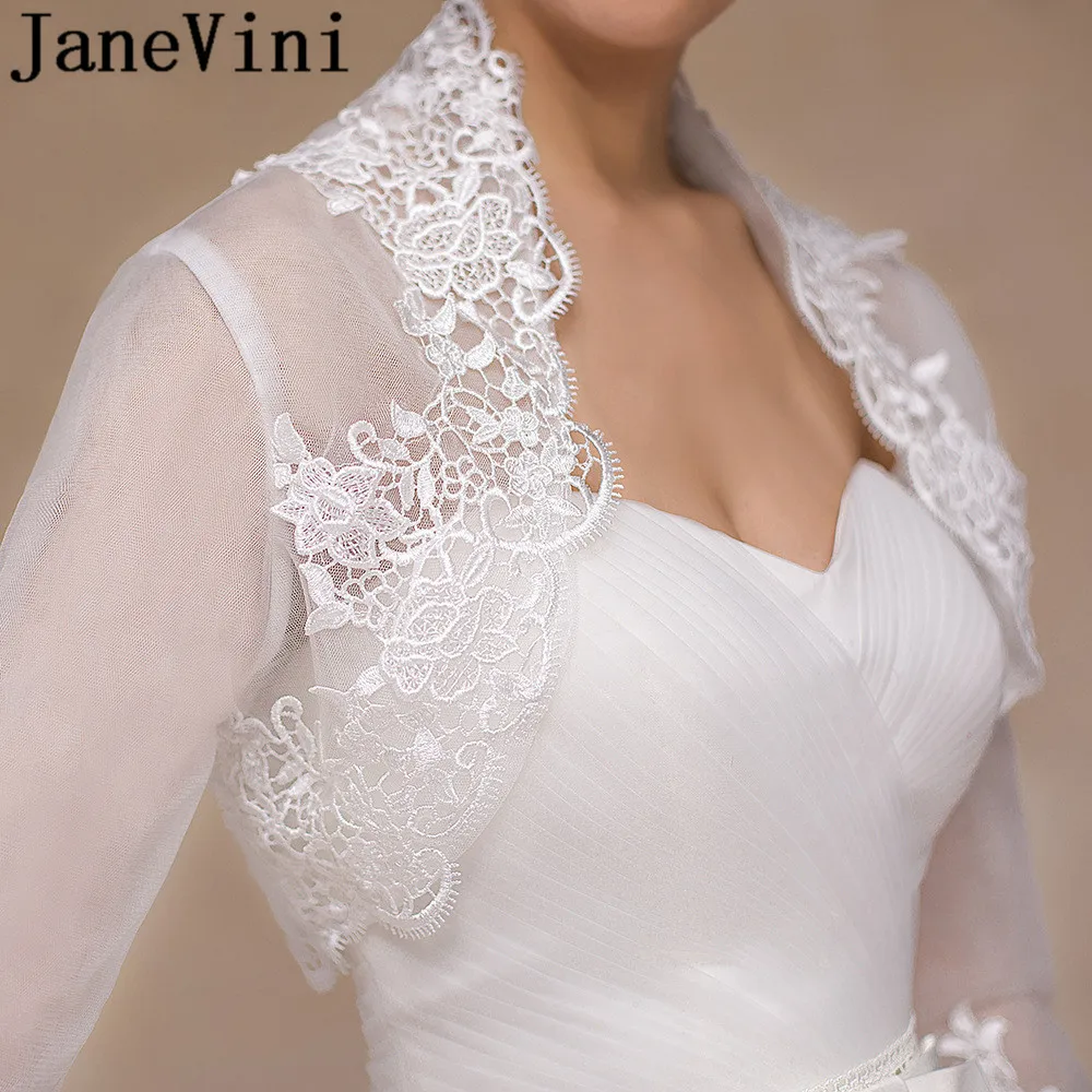 JaneVini 3/4, длинный рукав, Женская куртка, Кружевная аппликация, свадебное пальто, белая прозрачная Свадебная накидка для невесты, шаль, болеро, накидка-палантин