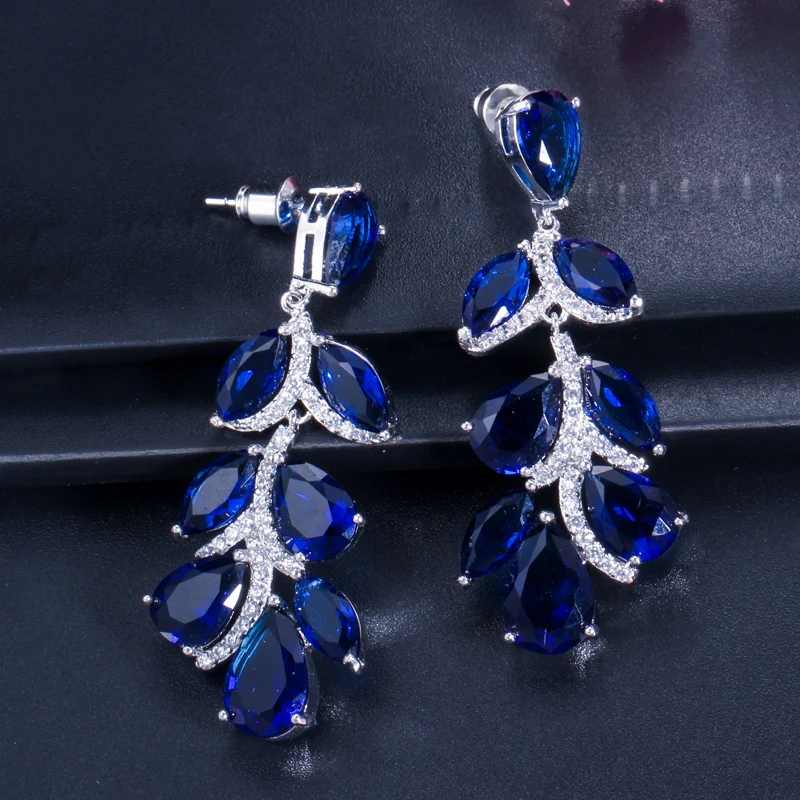 blue CWWZircons Высокое качество женский CZ камень большой темно-синий кристалл длинный лист Висячие серьги для женщин вечерние ювелирные изделия CZ259 - Окраска металла: blue