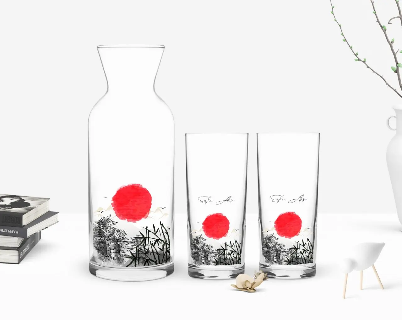 

Персонализированные Цветные принты японский дизайн двойной Arrack чашки и графин подарок Seti-1