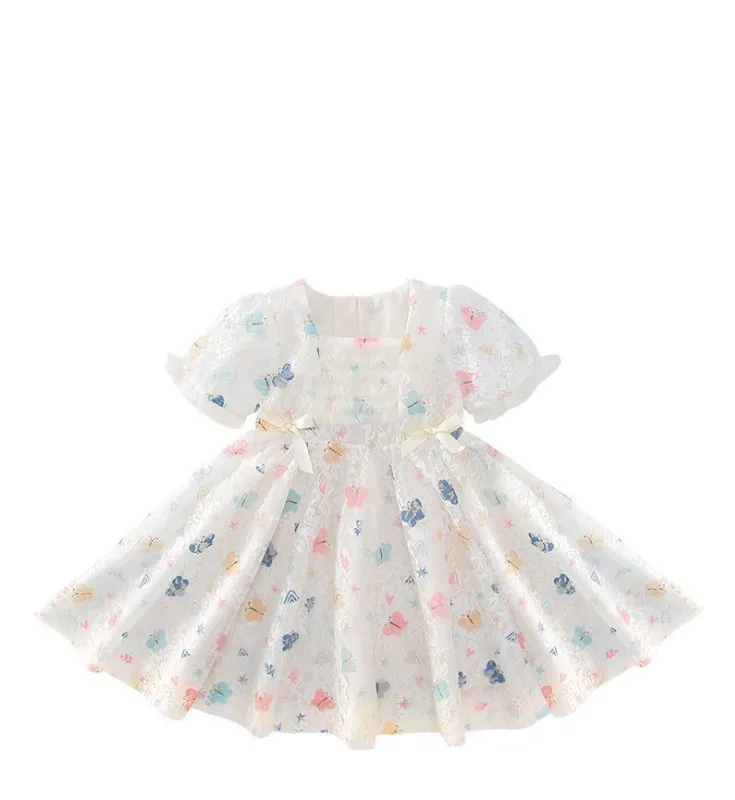 

Kids Dress for Girls 2021 Summer Butterfly Lace Skirt Girl White Polyester Puff Sleeve Dress Birthday Party Girls Dresses 3-8Y