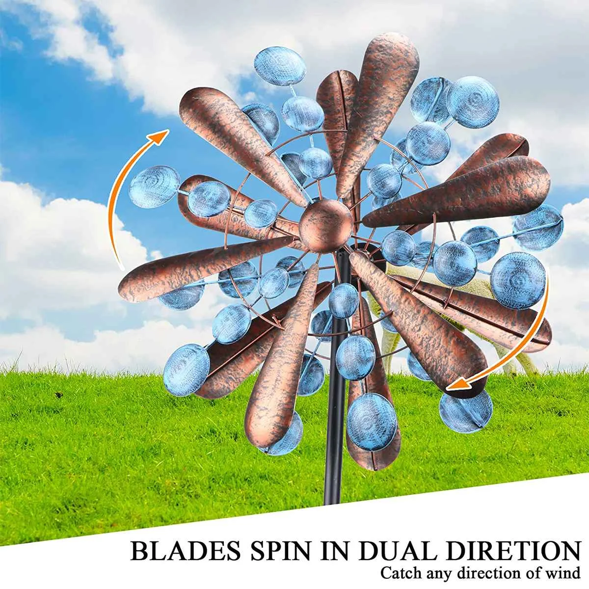 

Iron Windmill Colorful Willow Leaves Dual Direction Wind Spinner Garden Bird Repeller Double Rotating Iron Windmill Spinner