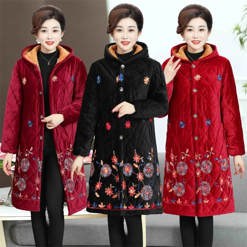 2022 Middle-aged Elderly Winter Three-layer Velvet Cotton Adult Overalls Female Mothers Loose Korean Mid-length Coats A665