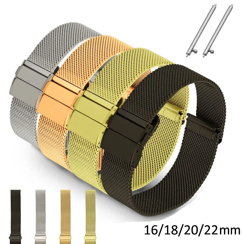 

Quick Release Pins Watch Strap 16mm 18mmm 20mm 22mm Stainless Steel ML Loop Replacement Watch Band Dual Clasp Meshed Strap