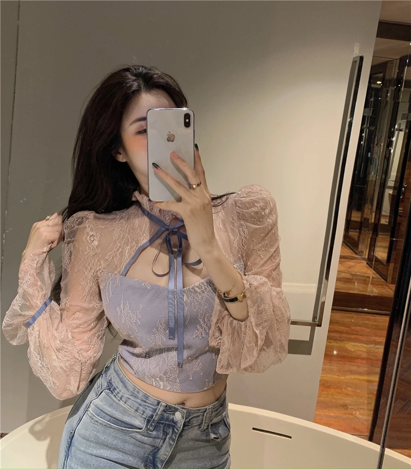 

Autumn Sexy Style Hollow Out Low-cut Shirts Lace Women's Clothing Perspective Blouses Korean Clothes Ladies Crop Top New