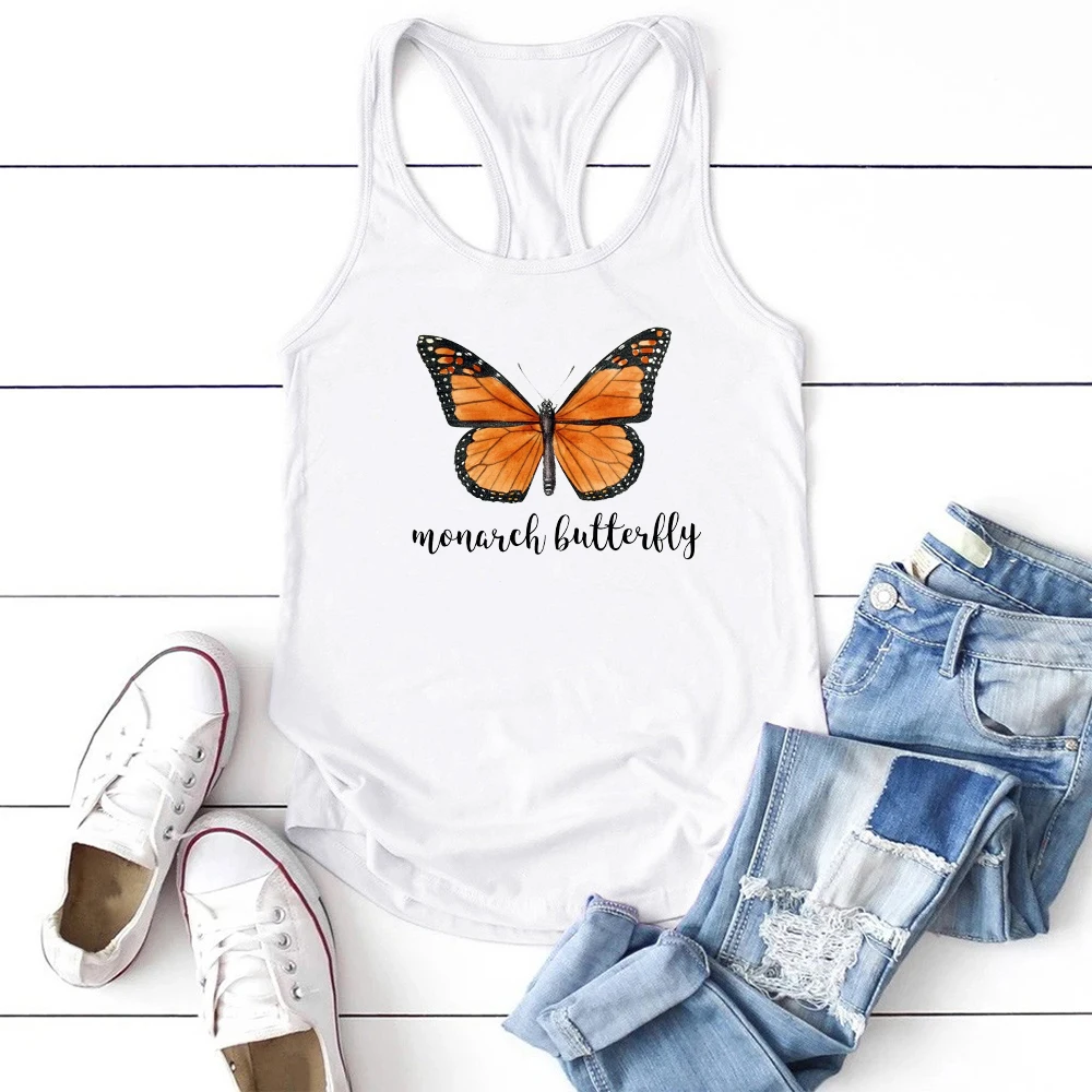 

women T-shirt Tanks Summer Butterfly Chic Print Sports Tops Elastic Cotton Camis Sleeveless Basic Crop Top Female Black Vest