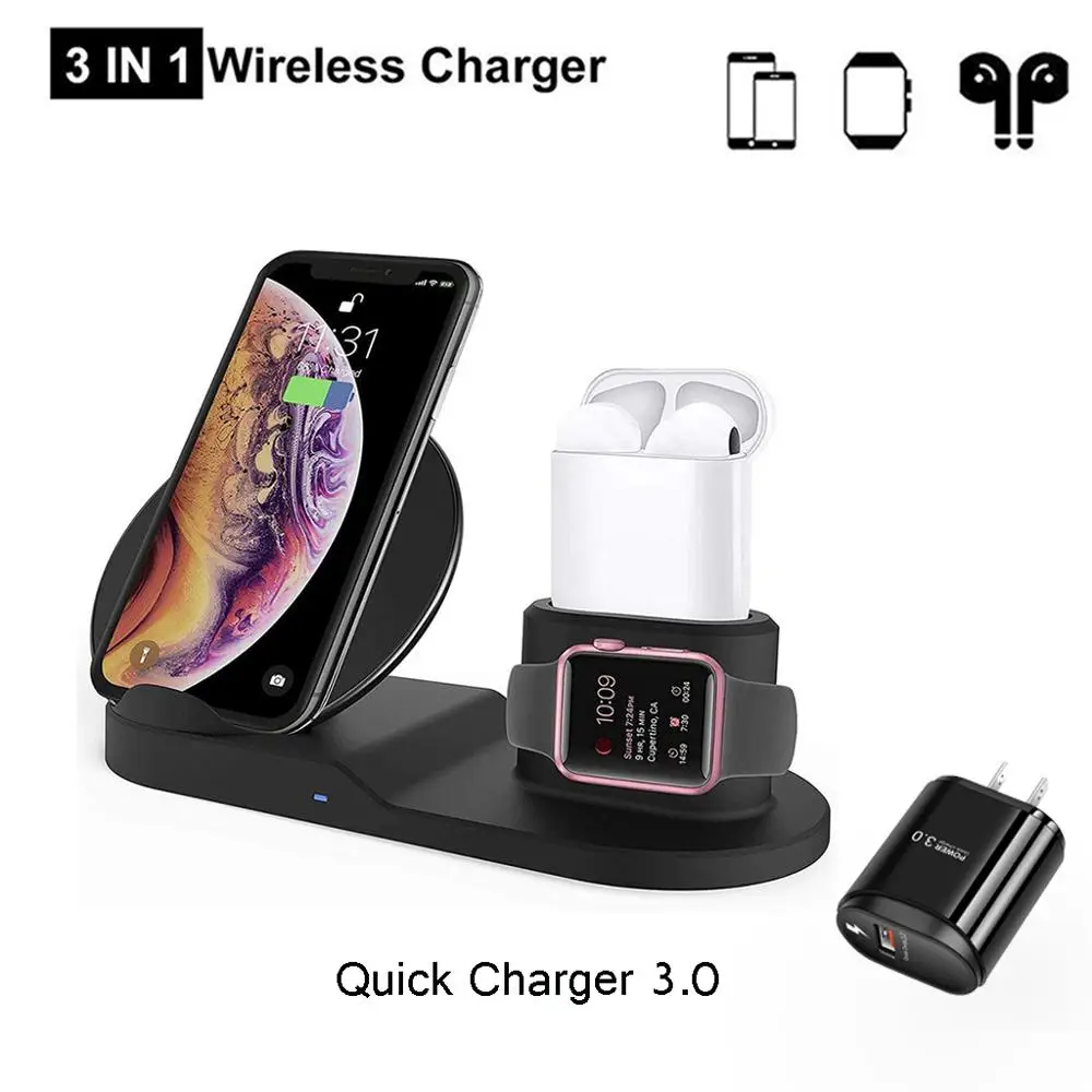 US Plus 15 Вт Qi Беспроводная зарядная подставка для Iphone X XS MAX XR 8 быстрая зарядная док-станция для Apple Watch 4 3 2 1 Airpods Xiaomi Airdots - Цвет: US Plus