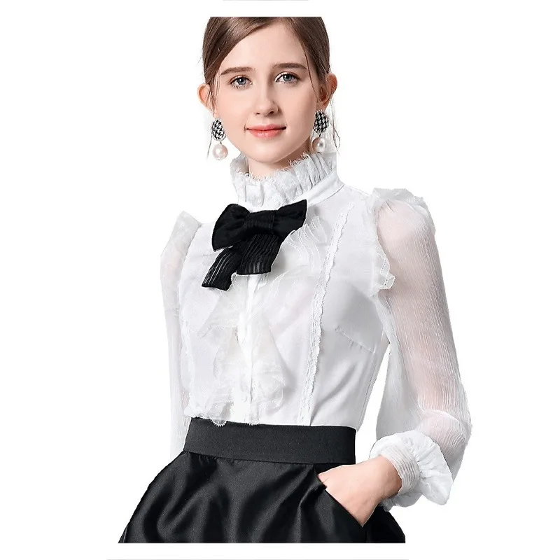 

High-End Fashion Silk Shirt Women's Shirt Lantern Sleeve Bow Stand Collar One-Piece Long-Sleeve Blouse 2020 Fashion New Style
