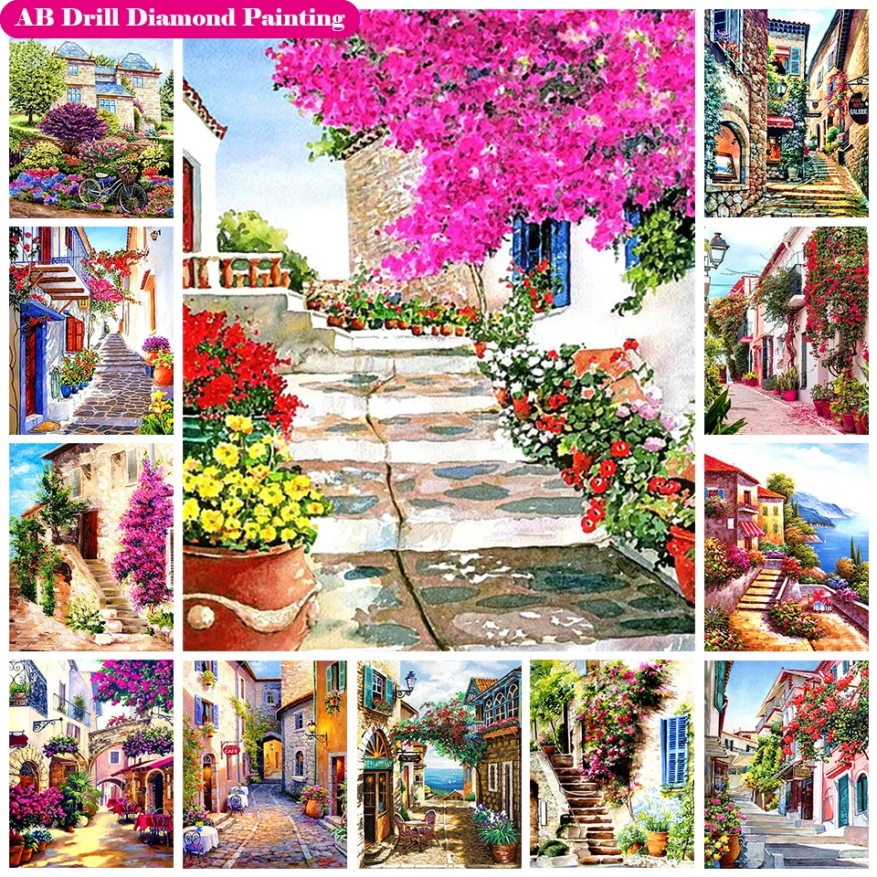 

5D DIY Zipper Bag AB Drill Diamond Painting Kits Scenery Flowers Bicycle Diamonds Embroidery Street View Town Diamond Wall Art