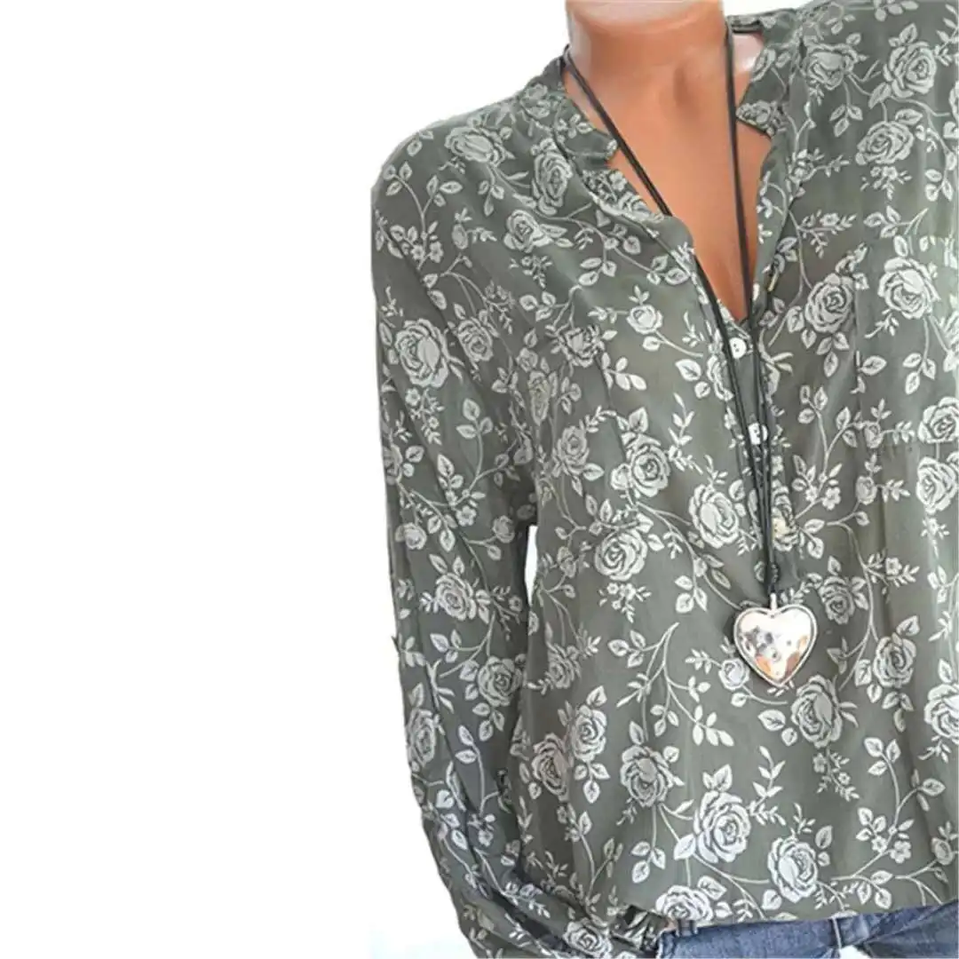 

Elegant 5XL Plus Large Size Women's Blouses Summer Tops New Leisure Blouse Grey Loose Flower Print V Neck Long Sleeve Shirts