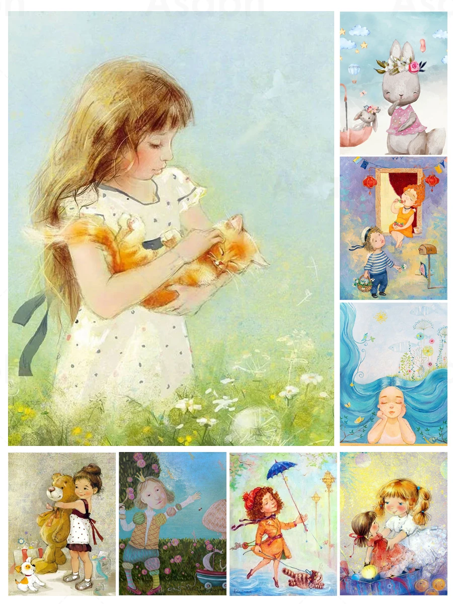 

Cartoon Cute Little Girls Rabbit Diy 5D Diamond Painting Full Square and Round Embroidery Mosaic Stitch Wall Art Home Decor