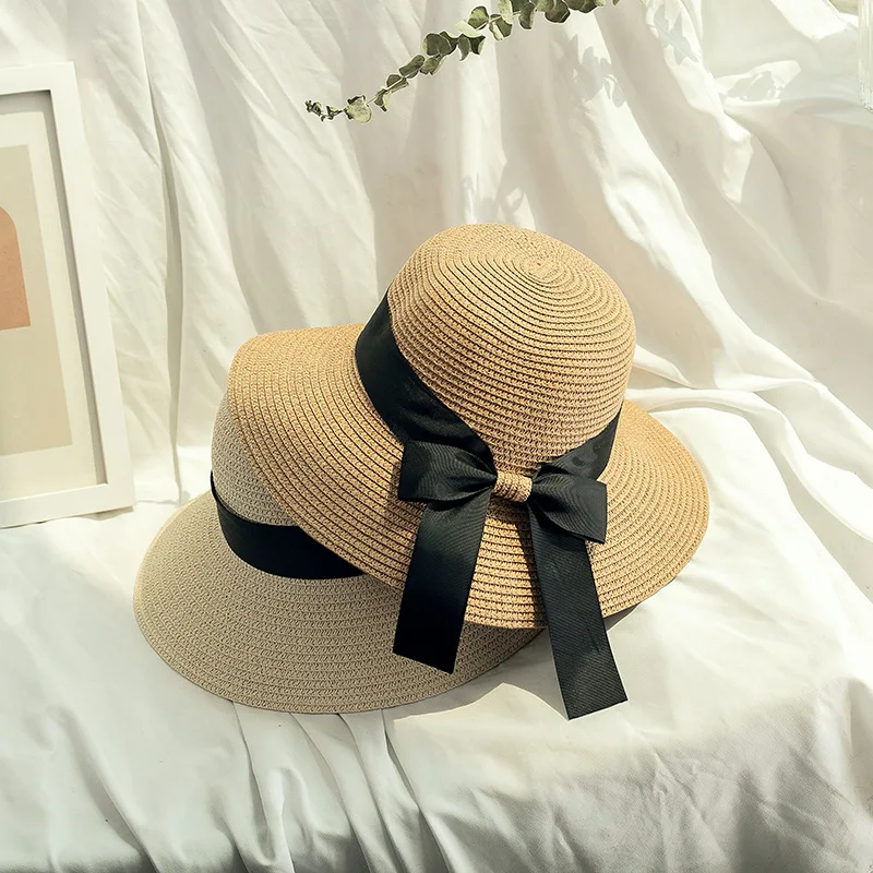 

Simple Women's Summer Sun Hats Women Fashion Girl Straw Hat Ribbon Bow Beach Hat Casual Straw Flat Top Panama Hat Bone Feminino