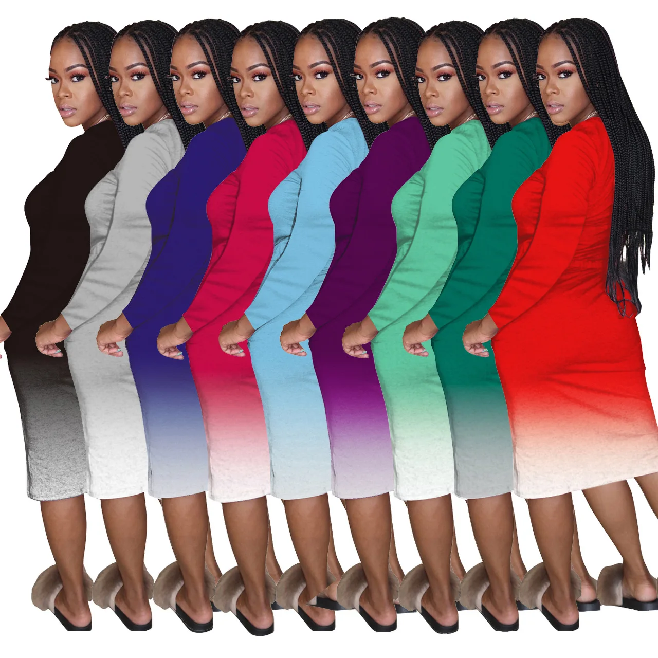 

casual Gradient long sleeve dress women fashion lip pinted dresses
