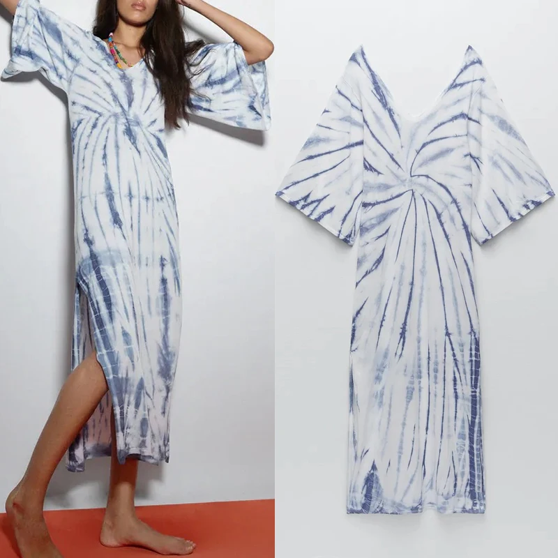 

Tie Dye Dress Woman Blue Long Summer Dress 2021 Fashion Short Sleeve Midi Women Dress Streetwear Casual Dresses Mid-Calf V-Neck