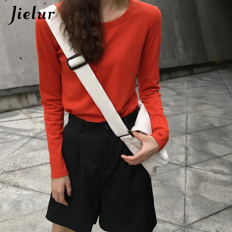 Jielur 6 Solid Color Harajuku Long Sleeve Crop Top Autumn Winter Slim Basic Tshirt Women All-match Purple Korean T Shirt Femme | Женская