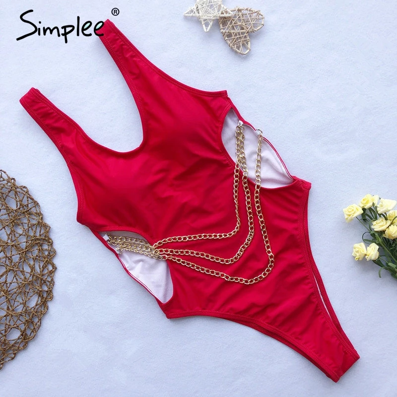 Женский купальник Simplee с цепочкой поясом цельный купальный костюм высоким