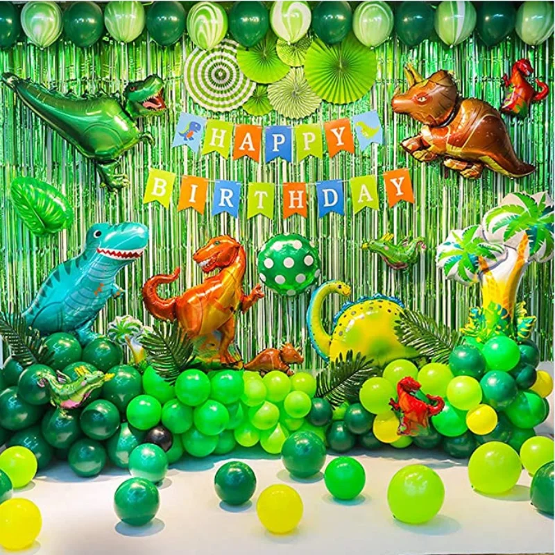 

83pcs Jungle Dinosaur Themed Balloon Party Background Decorated Happy Birthday Banner Balloon Paper Fan Flower Palm Leaf Set