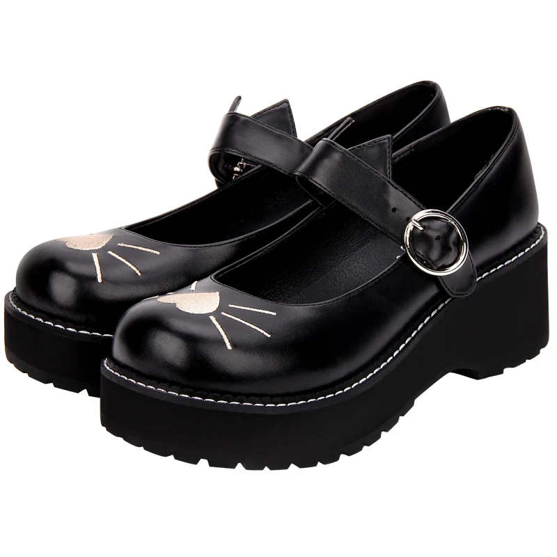 Туфли в полоску на высоком каблуке с вышивкой виде кошки Мэри Джейн для косплея