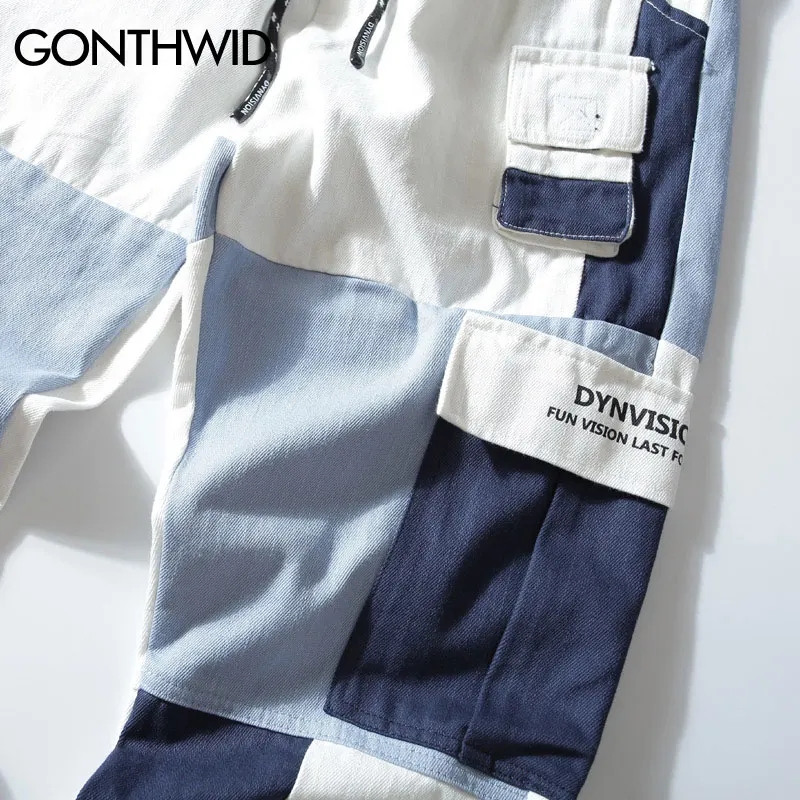 

GONTHWID Multi Pocekts Color Block Patchwork Cargo Harem Joggers Pants Hip Hop Harajuku Casual Streetwear Sweatpants Trousers