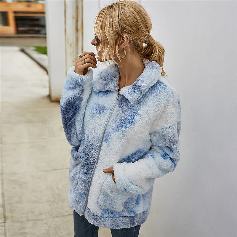 

Женское плюшевое пальто с принтом Tie Dye, теплое зимнее пальто из искусственного меха 2020, повседневная верхняя одежда
