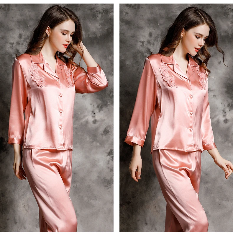 100% Real Silk Pajamas Women Pijama Mujer 2pcs Mulbery silk Sleepwear Female Home Suit Long-sleeve Homewear soft high quality