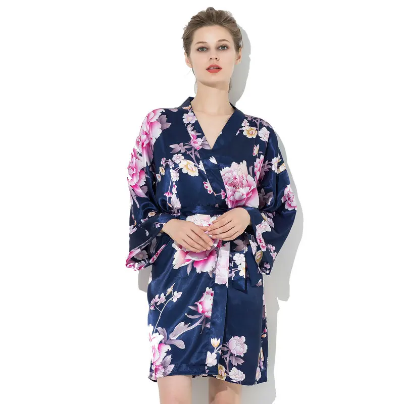 navy blue YUXINBRIDAL халаты с цветочным принтом цветочный атласный Шелковый Свадебный невесты кимоно для невесты Халаты вечерние халат атласный 002 - Цвет: navy blue