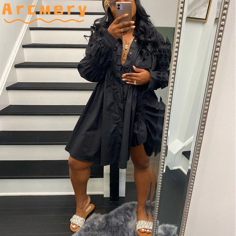 

Women Long Sleeve Turn Down Collar Pleated Mini Shirt Dress