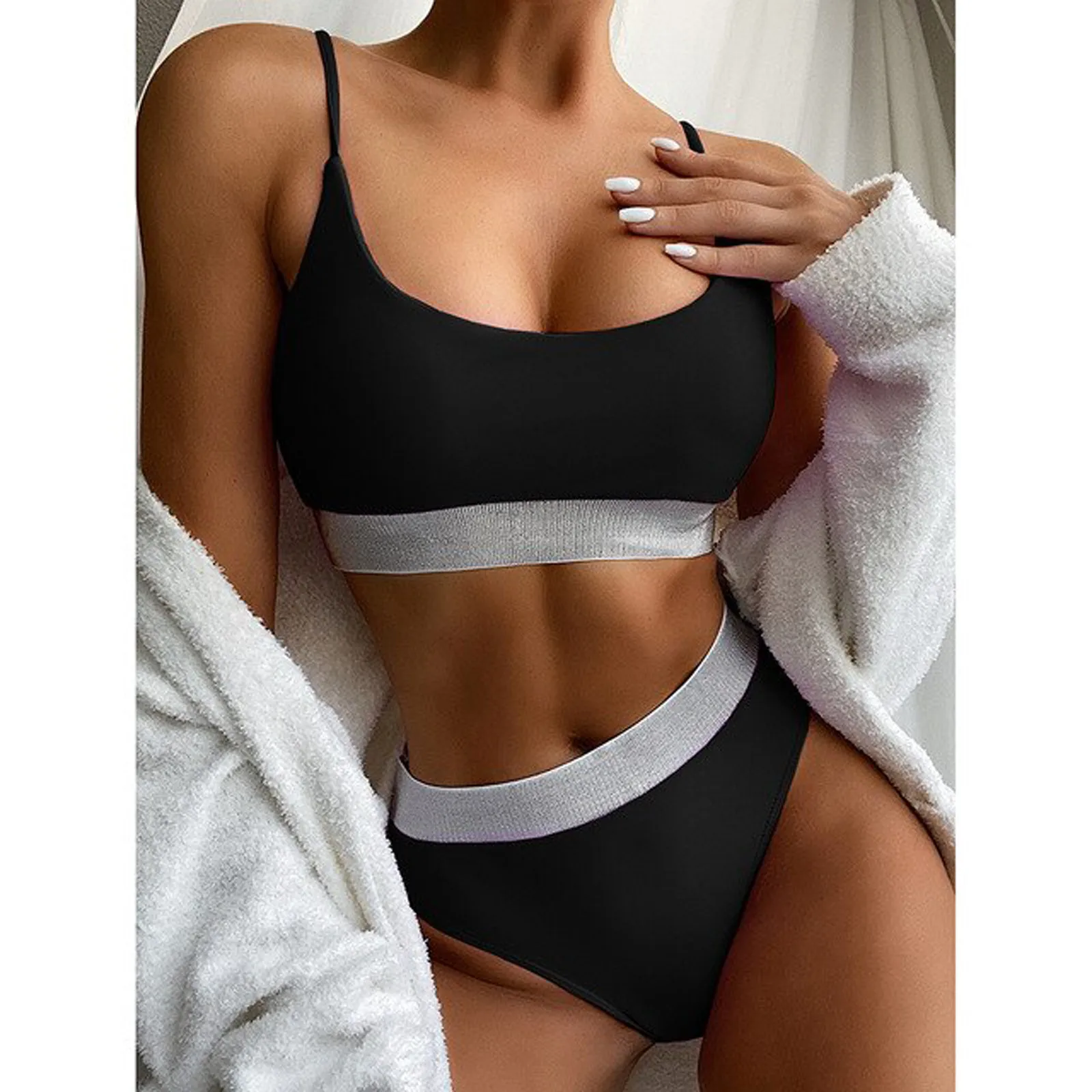 

Women bikini Solid summer fashion Bronzing sequins Sexy tube top strap halter High Waist swimsuit two Piece beach suit D9#