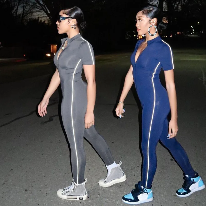 

Reflective Short Sleeve Jumpsuits Sportwear Female Bodycon Workout Overalls Skinny Zipper One Piece Romper Clothing Jump Suits