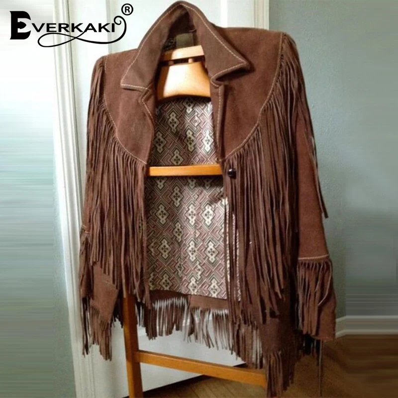 Everkaki Бохо С Бахромой Замшевые Куртки пальто из искусственного меха для женщин