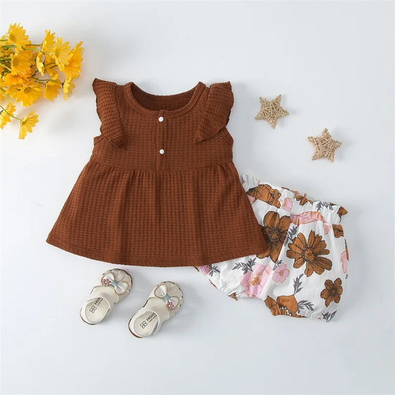 

Летние комплекты одежды для новорожденных девочек, футболка с оборками на рукавах и короткие штаны с цветочным принтом, детская одежда из 2 ...