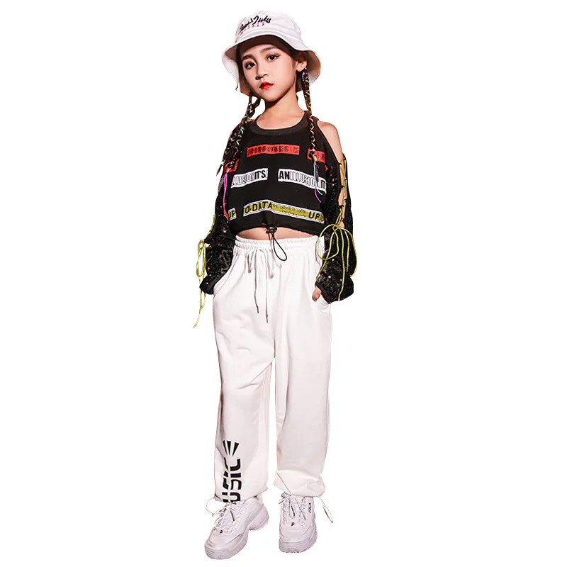 

Hip Hop Dance Clothing Kids White Hip Hop Pants Children Street Clothes Sport Performance Outfit Girl Jazz Dance Costume