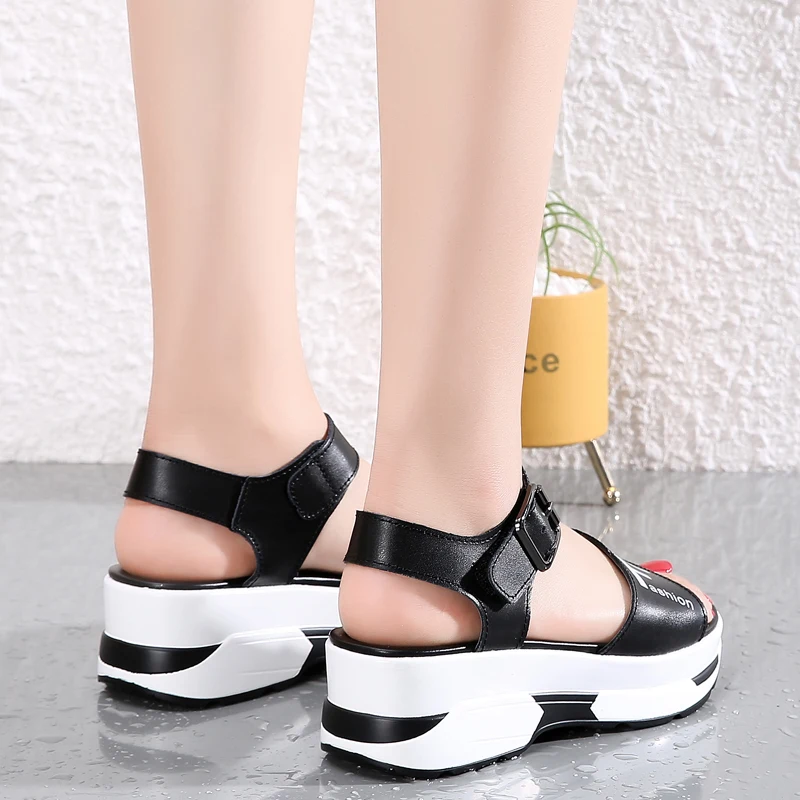 

Women Sandals Height Increasing Casual Shoes Summer Cow Leather Wedge Heel Fashion Buckles Light Comfort Antiskid Wear Resisting