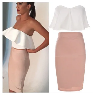 

New Women Sleeveless Ruffle Hem Shirts 2 Piece Set Solid Lace Up Off Shoulder Tops And Bodycon Skirt Sexy Club Party Suits 2019