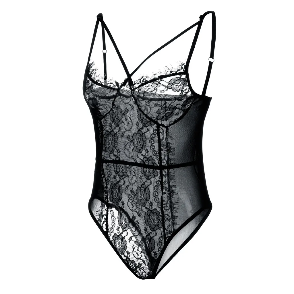 Женское кружевное боди черное на бретельках-спагетти Клубная одежда с цветочным
