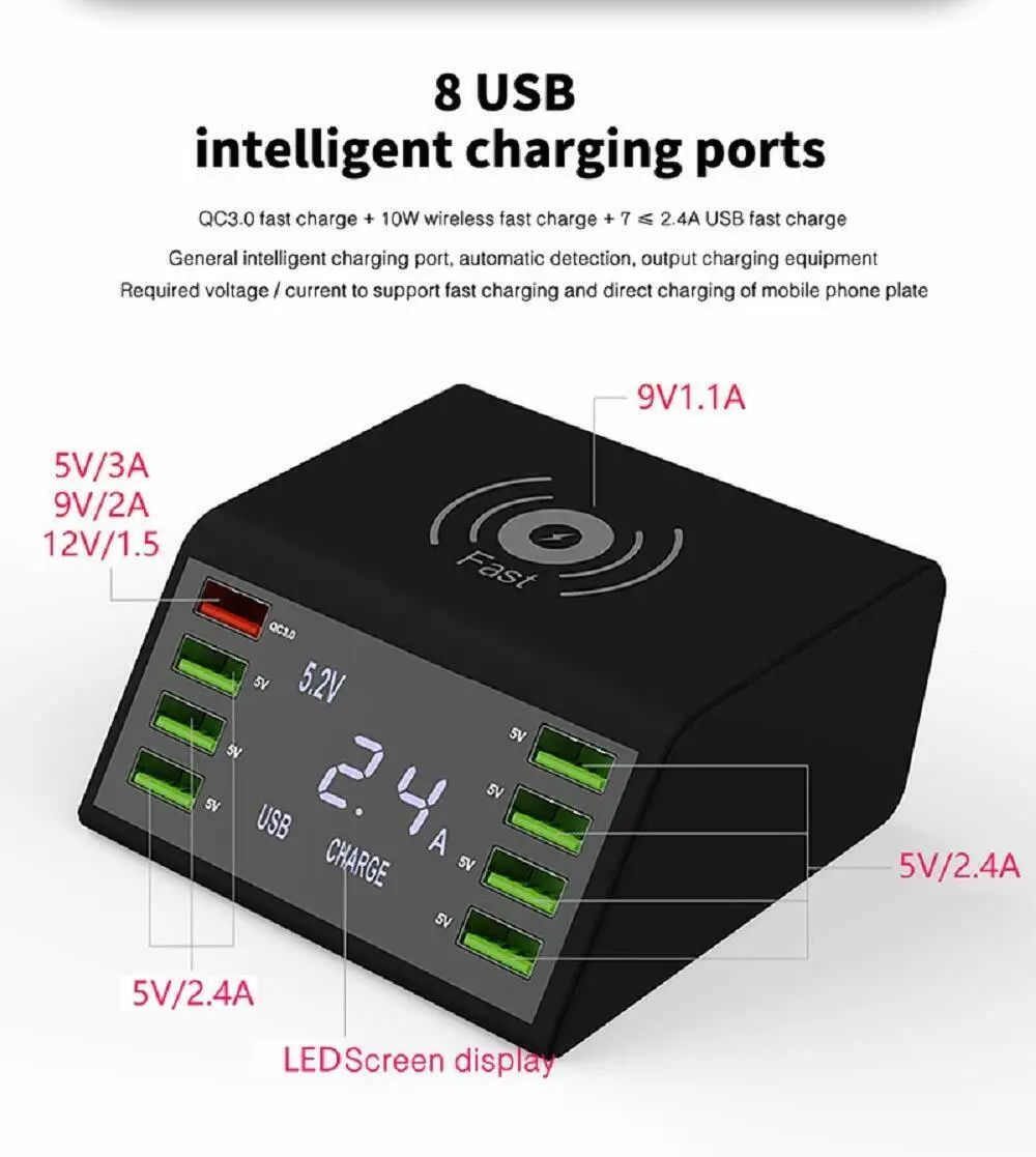 8 портов Быстрая зарядка USB зарядное устройство QC 3 0 Smart power Adapter станция ЖК-дисплей