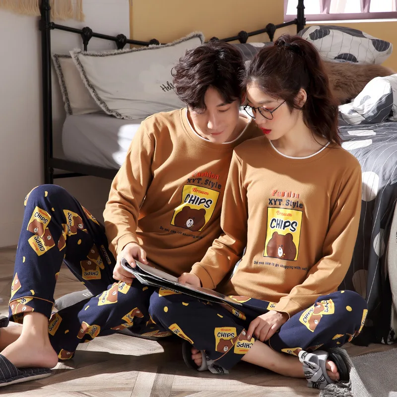 Одинаковый пижамный комплект для пары Хлопковая пижама с длинными рукавами