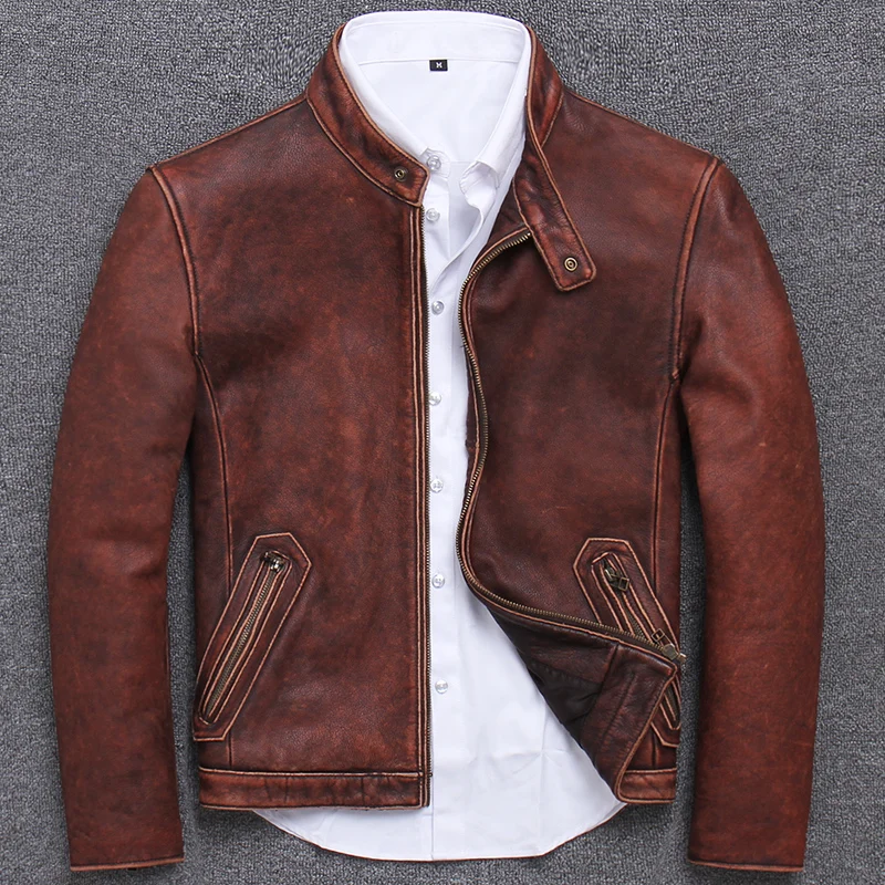 Red retro Ретро Натуральная кожа куртки мужские Осень мотоциклетная кожаная куртка натуральная коровья кожа куртки тонкий Винтаж S681 KJ3210 - Цвет: Red retro