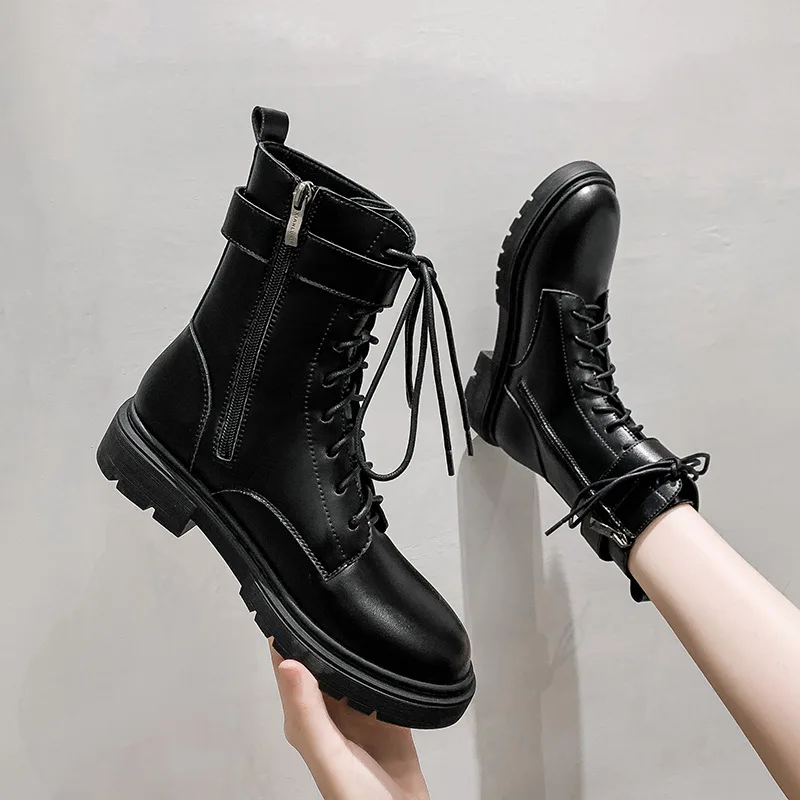 

NAKKESHMEN-2020 New British Style All-match Platform Motorcycle Boots Slim Bootie Chunky Heel Fleece Ankle Boots Women's Boots