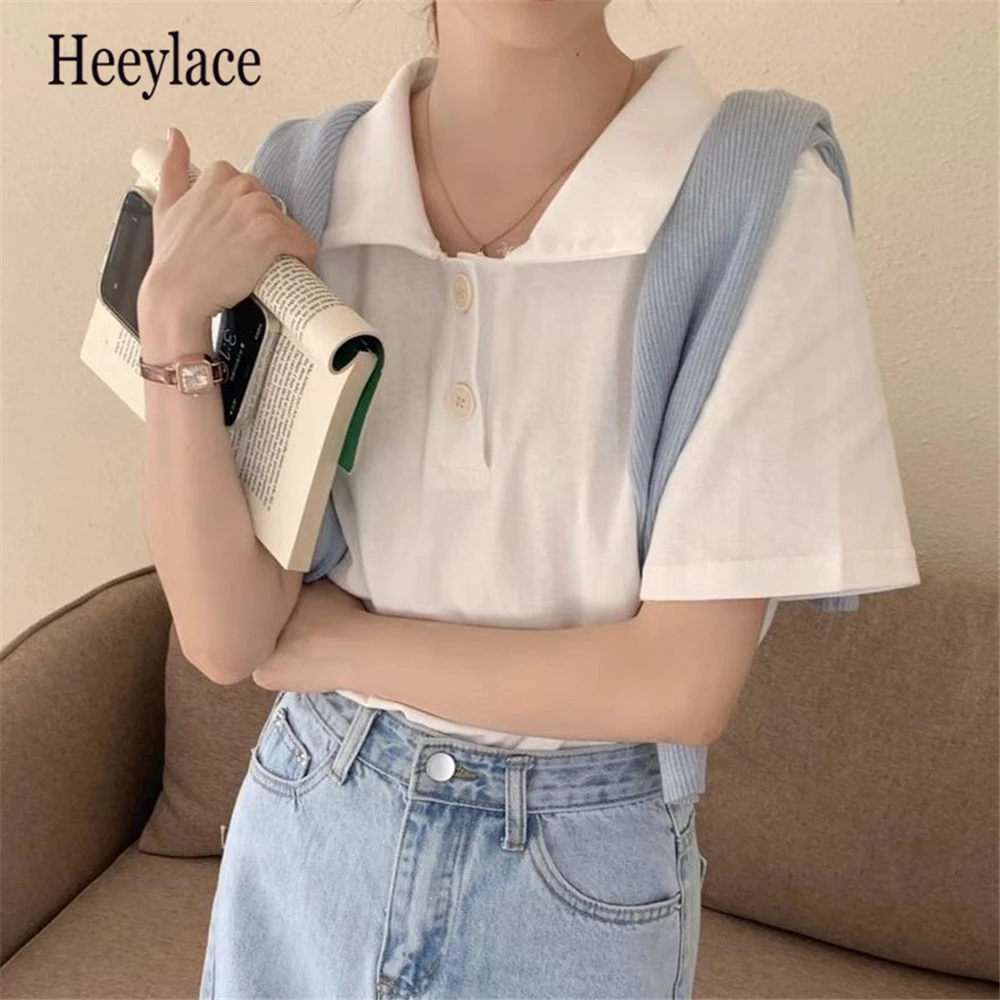 

2021 Chic Tops Lapel Loose Tee 6 Colors Knitwear All Match Shorts Sleeves Hot Knitted Fashion Summer Women Casual T-shirts