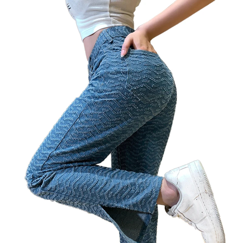 

Casual Blue Jeans Pants Women Wave Pattern Pocket High Waisted Straight Long Trousers Denim Pants Streetwear Sexy Female