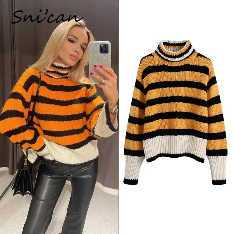 

Orange Striped Za Women Sweater Autumn Winter Oversize Casual Knitted Pullover Vintage Sweter Damski 2021 Designer Pull Femme