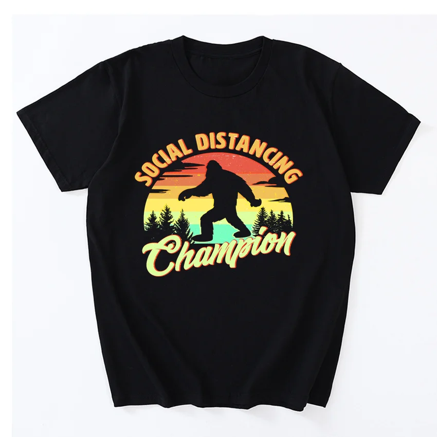 

Забавная футболка Sasquatch, мужские повседневные хлопковые футболки с рисунком чемпиона мира, бигфута и надписью «Keep Social», футболки, одежда в п...