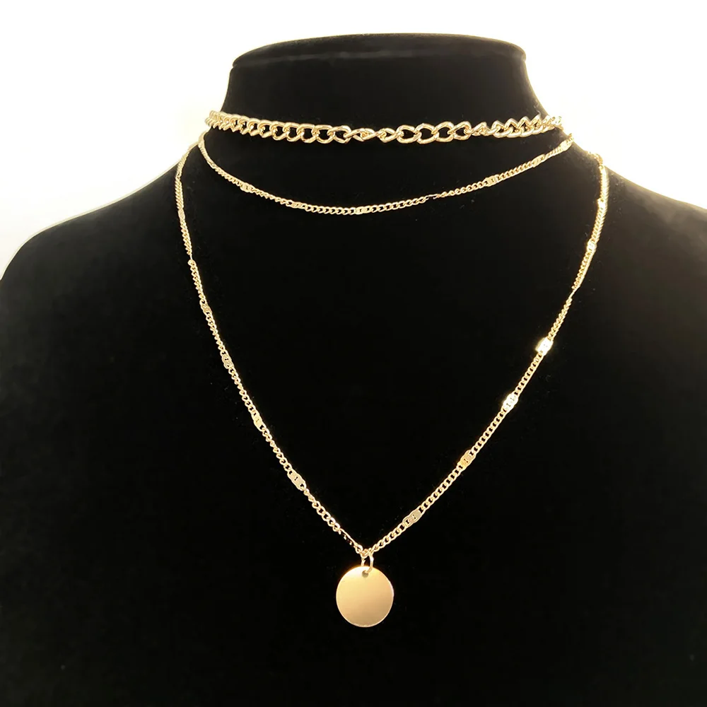 Women Gold Chain 3 Layeres Necklace With Round Pendant