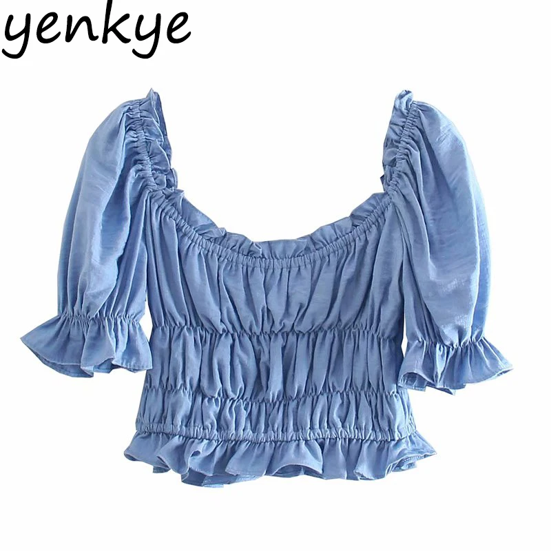 

YENKYE Fashion Women Blue Fungus Edge Elastic Crop Top Female Short Sleeve O Neck Streetwear Blusas Summer Tops