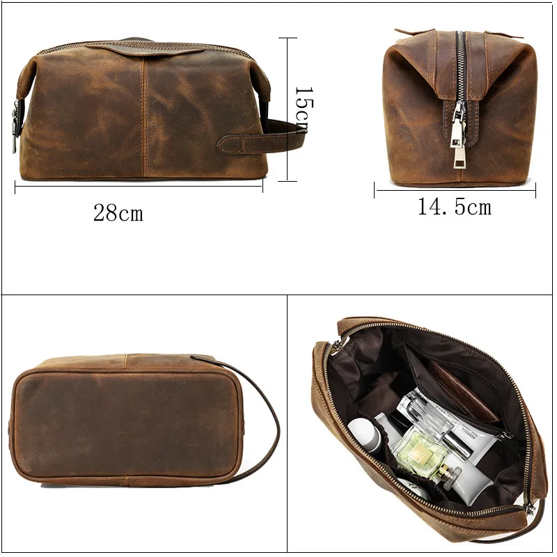 Crazy Horse Leather Cosmetic Bag Travel Toiletry Wash Kit Storage Hand Bag clutch Pouch for Men Handbag Retro Makeup Case bolsos