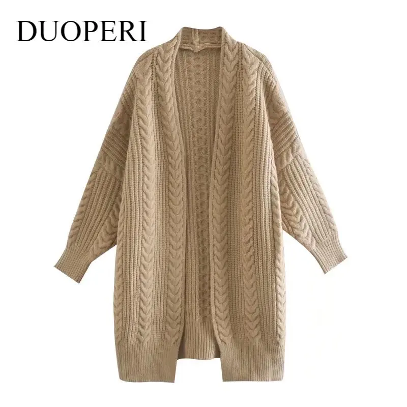 

Модный женский вязаный однотонный кардиган DUOPERI, винтажный Женский вязаный свитер с длинным рукавом и открытым стежком